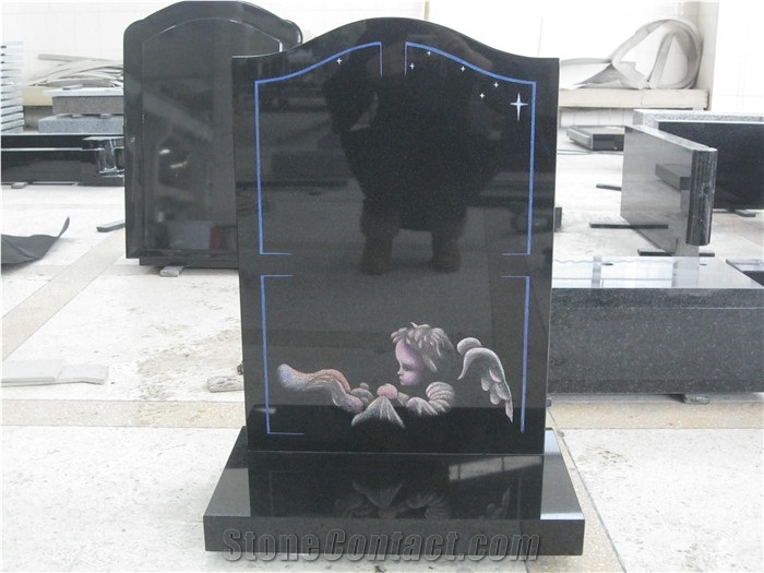 Black Granite Ogee Headstones with Angel Etching