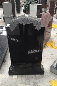 Black Granite Upright Headstone with Nice Rose Carvings