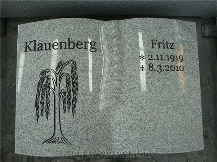 Grey Granite Book Design Gravestone with Rose and Cross Carving