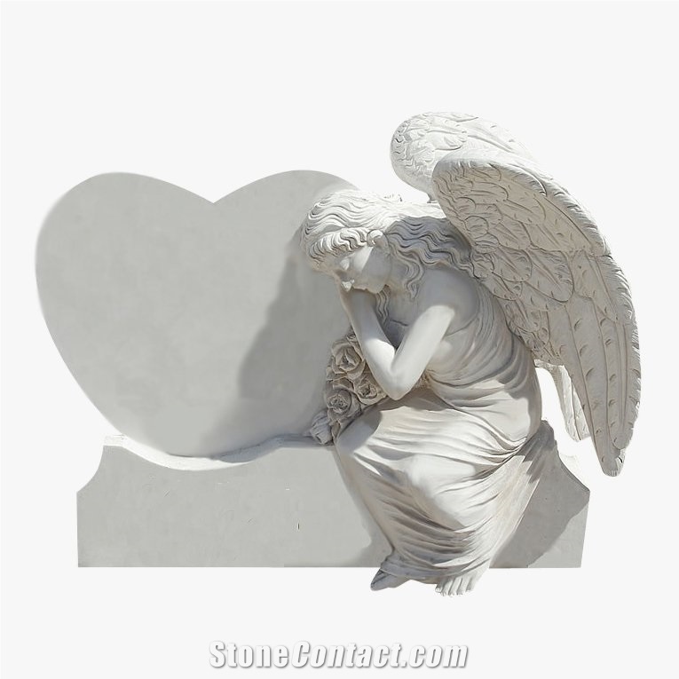 Hand Carved White Marble Angel with Heart Design Monument