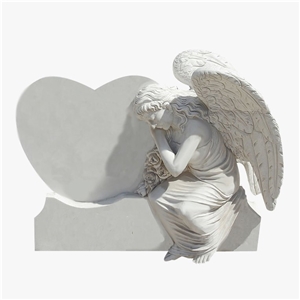 Hand Carved White Marble Angel with Heart Design Monument