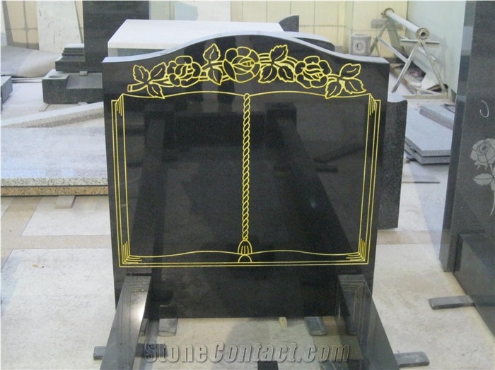 Indian Black Granite Book with Rose Design Tombstone with Kerbset