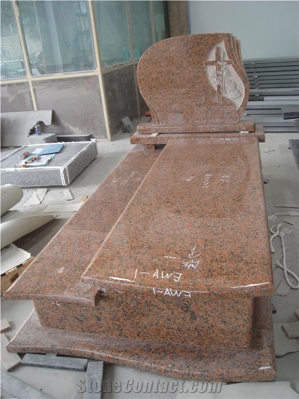 Maple Red Granite Poland Style Cross and Rose Carvings Monuments
