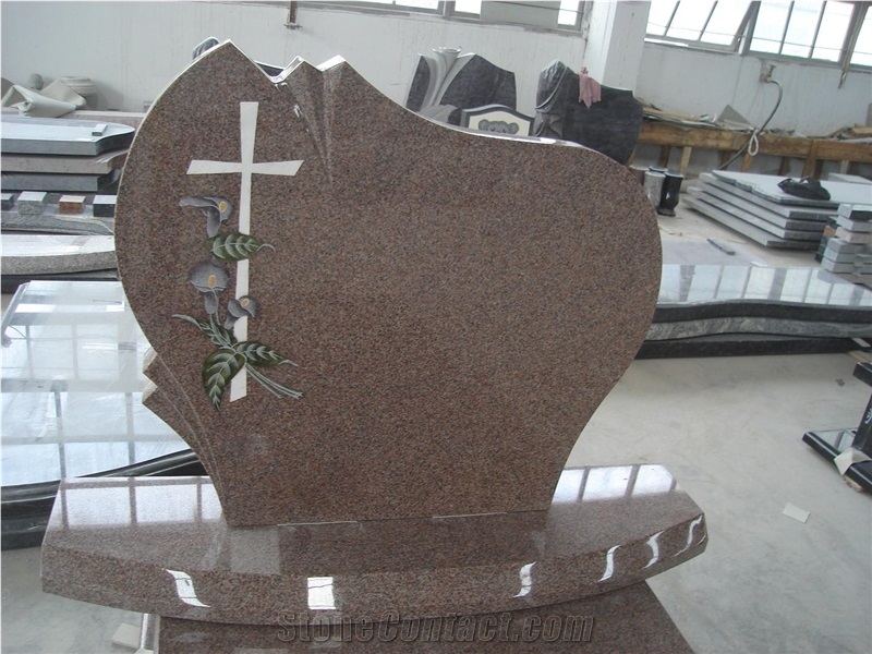 Poland Style Chinese Mahogany Granite Monuments with Cross and Flower Inlay
