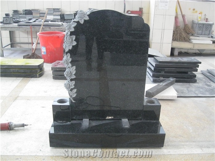 South Africa Absolute Black Granite Western Style Tombstones with Rose Carvings