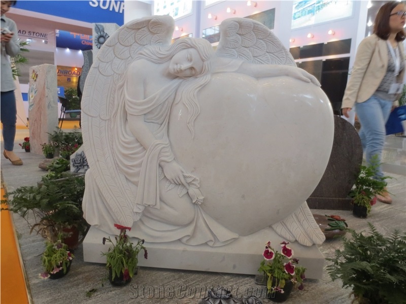 White Marble Angel with Heart Design Headstones