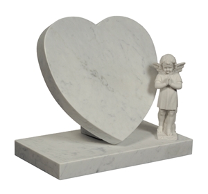 White Marble Heart Design Headstone with Angel Statue