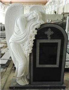 Indian Black Polished Angel Statue Carving Granite Monument & Tombstone