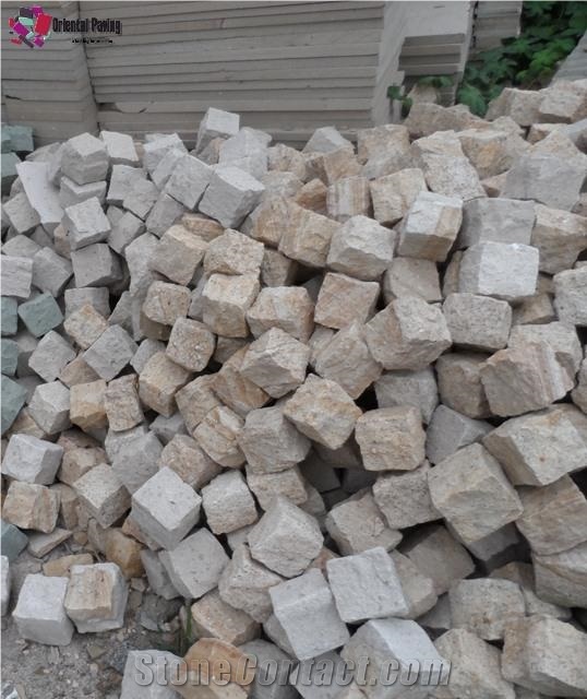 China Yellow Sandstone Cobbles Stone, Paving Cuebs, Landscaping Pavers, Beige Sandstone Cobbles