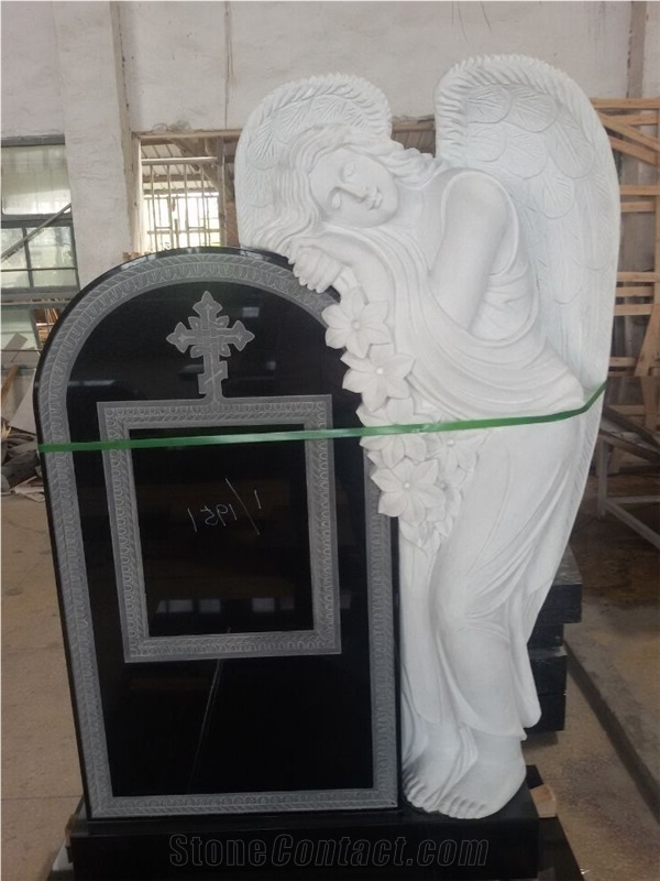Indian Black Granite + Hunan White Marble Monument with Angel Design