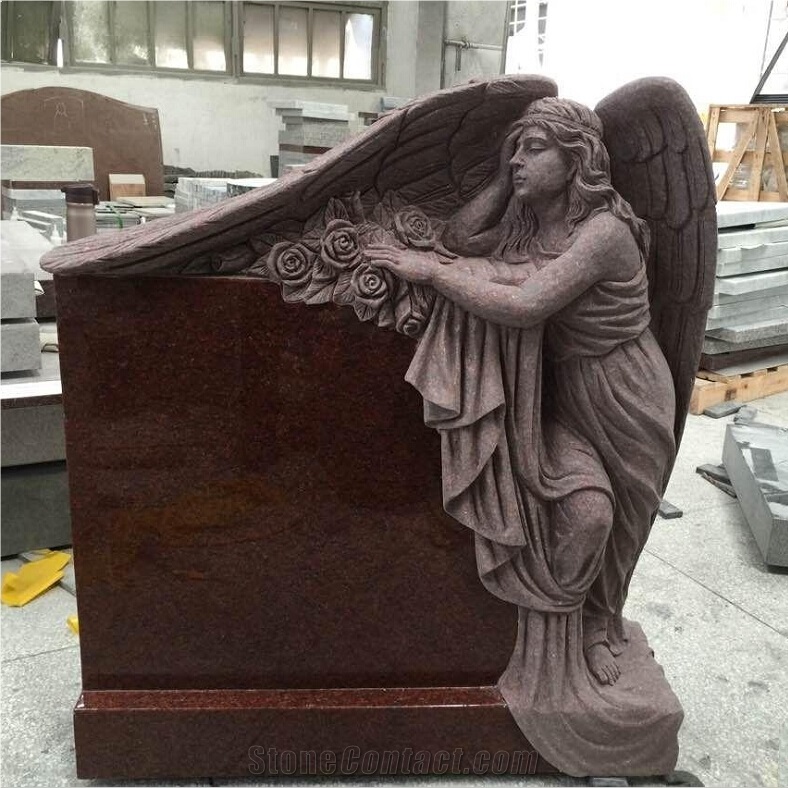 America Style Ruby Red Granite Tombstone Angel Sculpture Monument