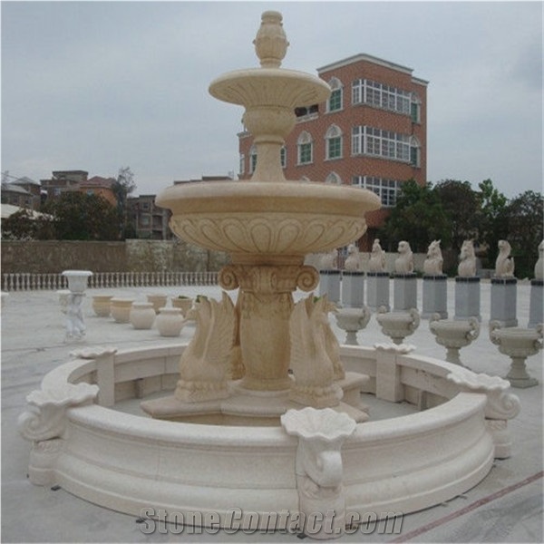 Beige Granite New Design Water Fountain with Swan Carving