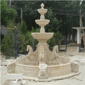 Beige Marble Beautiful Design Water Fountain with Horse Sculptured for Outdoor Decoration