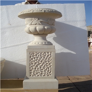Beige Marble Flower Pots with Beautiful Carving, Cremanata Classico Beige Marble Flower Pots