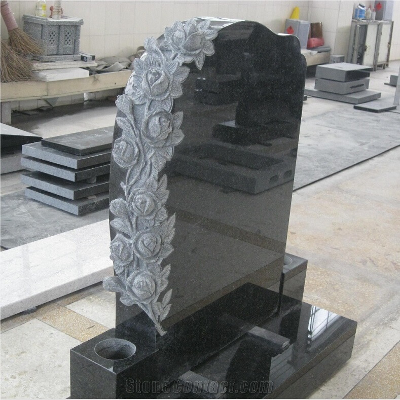 Black Granite Tombstone with Rose Carvings