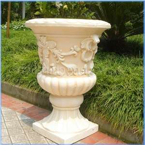 China White Marble Flower Pots Modern Planter Pots with Beautiful Carving
