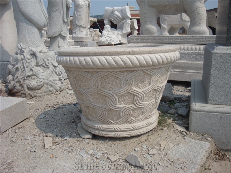 China Yellow Granite Beautiful Hand Carving Natural Stone Flower Pots Vases for Garden House