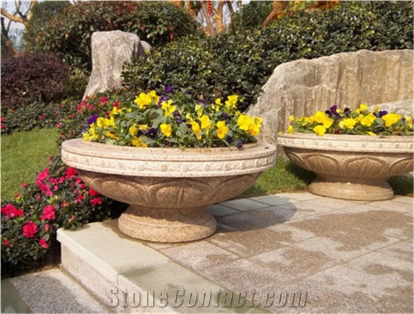 China Yellow Granite Natural Stone Flower Pot for Garden House Decoration, Yellow Granite Flower Pots