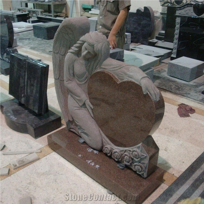Chinese Mahogany Granite Monument Angel Tombstone with Heart