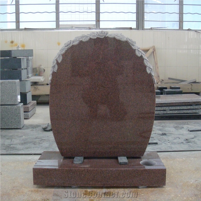 Chinese Mahogany Granite Oval Shape Headstone with Rose Carvings