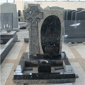 Emerald Pearl Granite Carved Cross Headstone with Kerbset