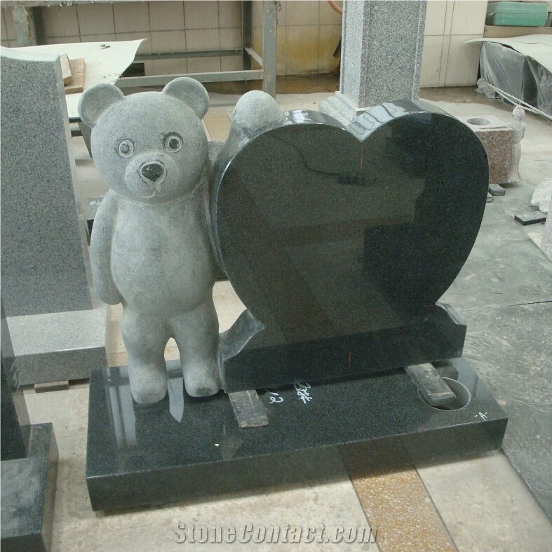 Grey Granite Teddy Sculpture with Heart Children Tombstones