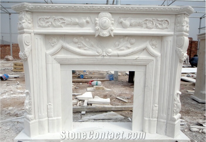 Hand Carved Flower White Marble Fireplace Mantel