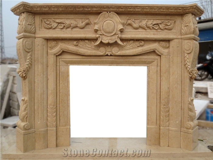 Hand Carved Flower White Marble Fireplace Mantel