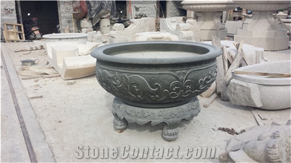 High Quality China Black Granite Planter Pots with Carving for Decoration