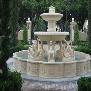 Horse Sculptured Water Fountain for Decorative Landscaping Garden, Beige Marble Fountain