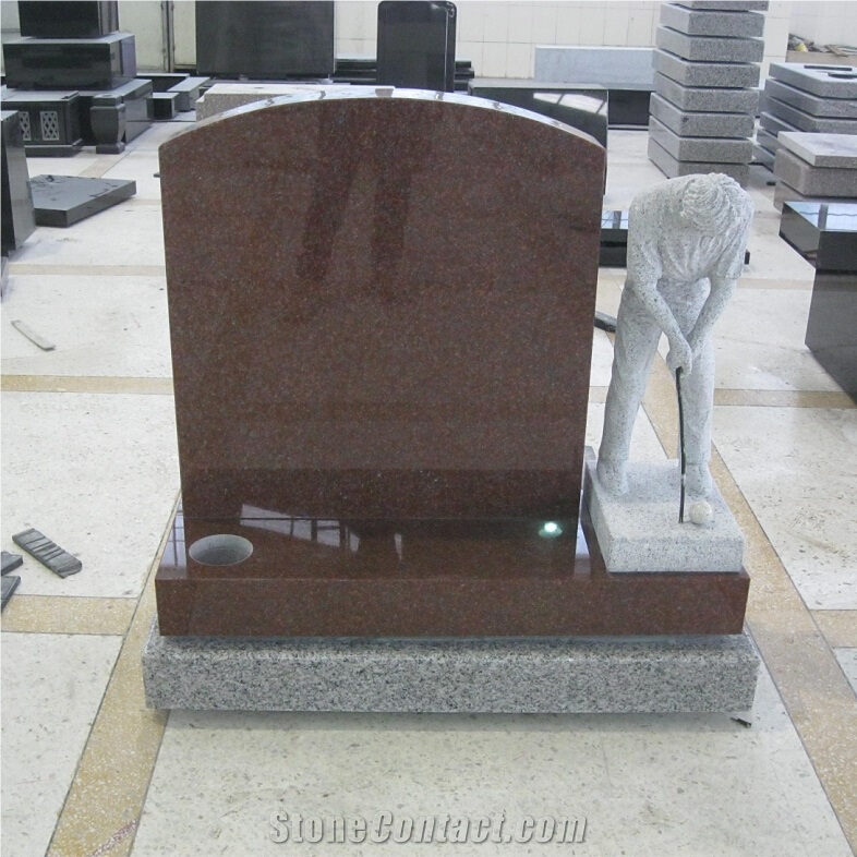 Indian Imperial Red Granite Golf Player Carving Design Tombstone