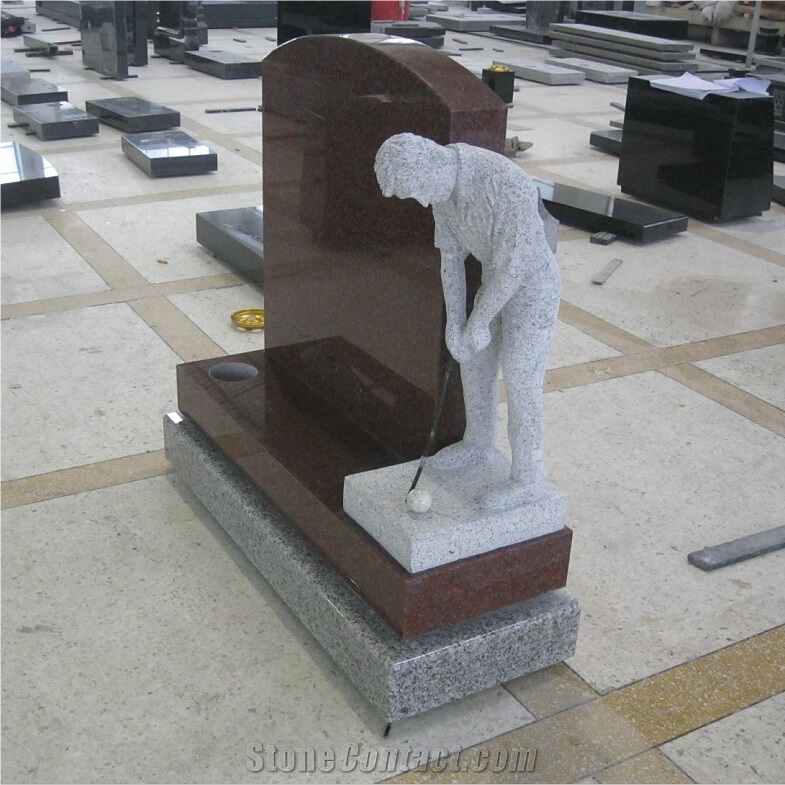 Indian Imperial Red Granite Golf Player Carving Design Tombstone