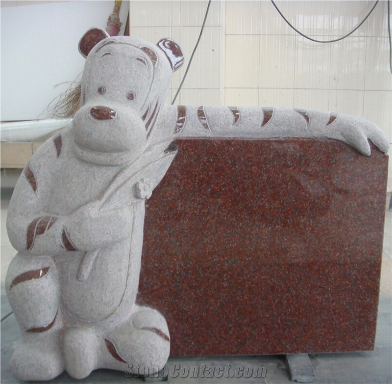Indian Ruby Red Granite Monuments Tiger Carving Baby Tombstones