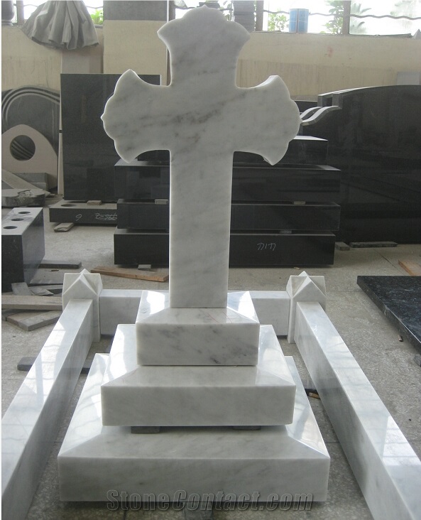 Italian Carrara White Marble Tombstones Cross Design Headstones