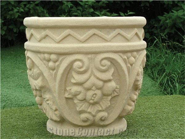 Landscaping Garden China Yellow Granite Flower Pot with Beautiful Carving