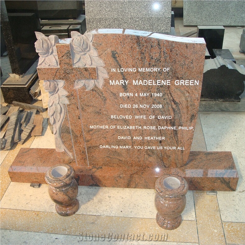 Multicolor Red Granite Headstone Carved Cross & Rose Design Tombstones
