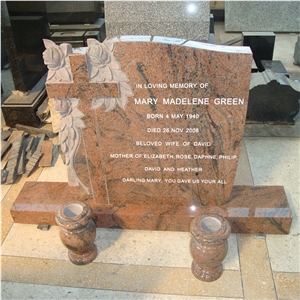Multicolor Red Granite Headstone Carved Cross & Rose Design Tombstones