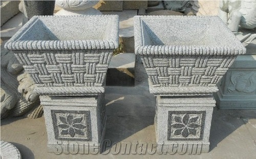 Natural Stone China Grey Granite Flower Pots with Beautiful Carving