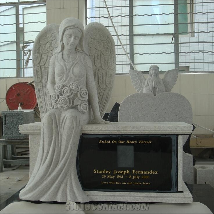 Pearl White Granite Sitting Angel Tombstone Bench Monuments