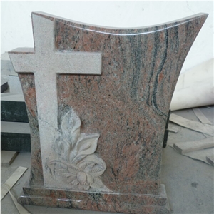 Red Granite Cross with Rose Carvings Design Headstones