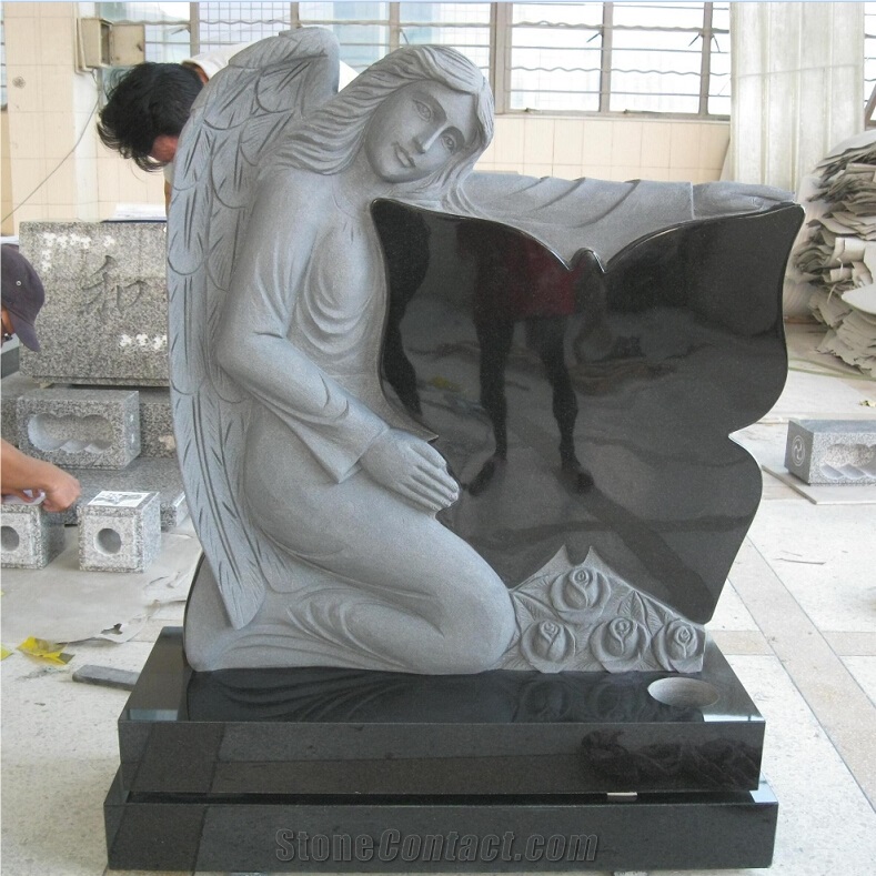 Shanxi Black Granite Angel Headstone Butterfly Tombstone