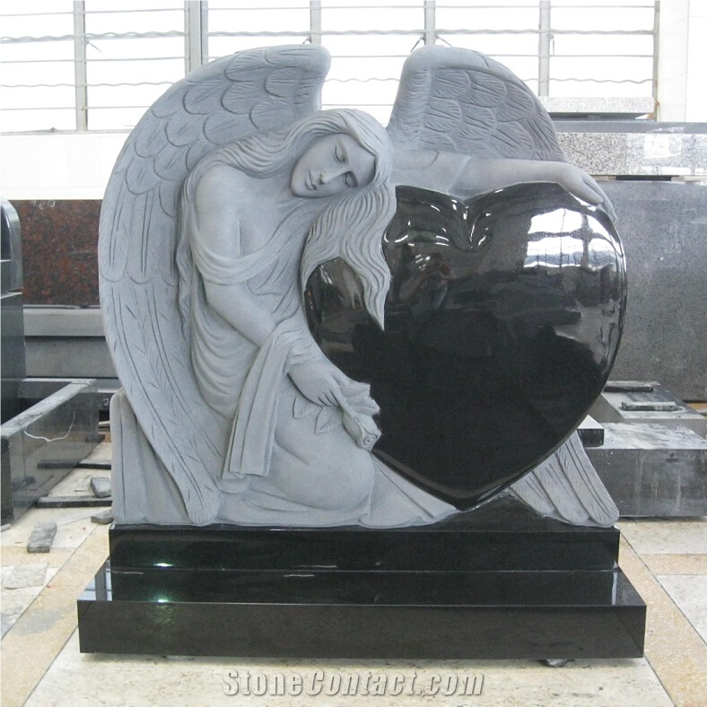 Shanxi Black Granite Angel Monument with Heart Design Headstone