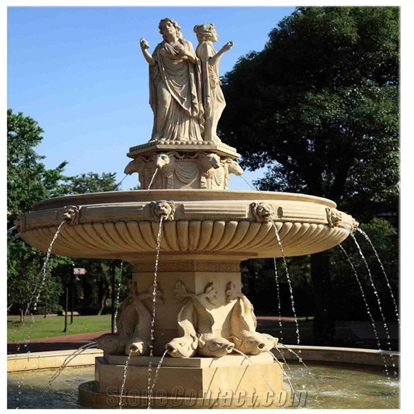 Water Marble Stone Garden Water Fountain with Sculptures, Brown Marble Fountain