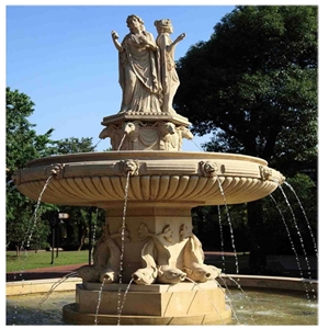 Water Marble Stone Garden Water Fountain with Sculptures, Brown Marble Fountain