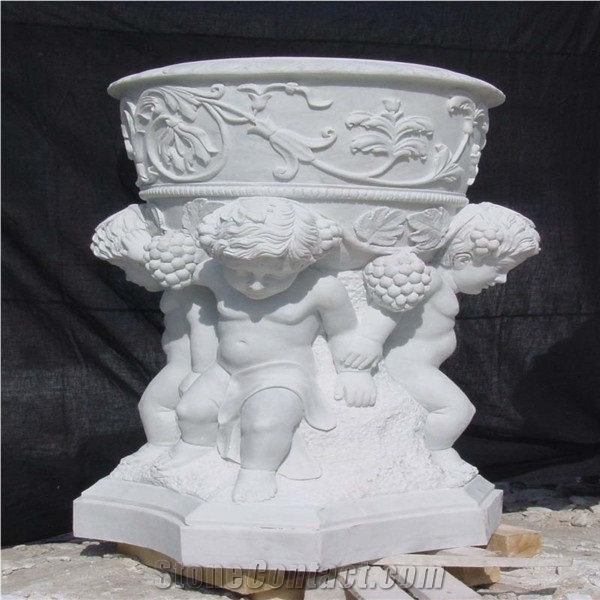Western Design China White Marble Flower Pot with Sculpture Carving, White Marble Flower Pots