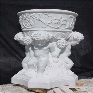 Western Design China White Marble Flower Pot with Sculpture Carving, White Marble Flower Pots