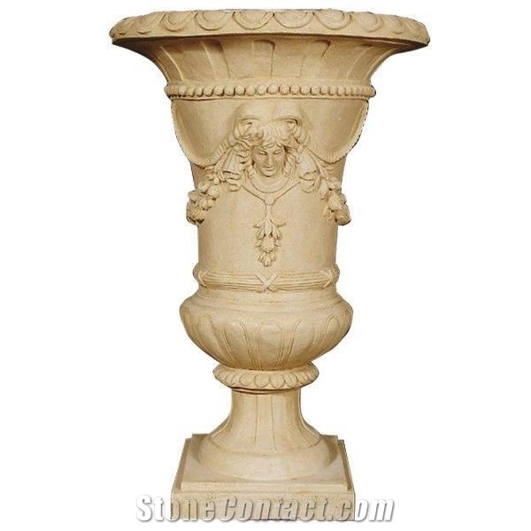 Western Design Daisy Cream Marble Planter Pots with Beautiful Carving