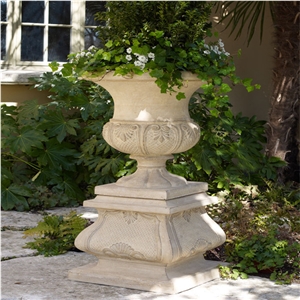 Western Moden Design Ligourio Beige Marble Flower Pots with Beautiful Carving
