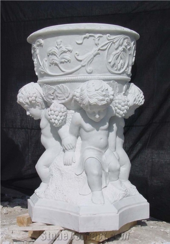 Western Style Planter Pots with Sculpture for Garden House Decoration, White Marble Planter Pots