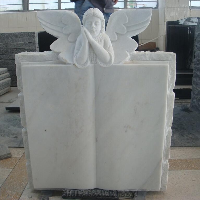 White Marble Angel Gravestone with Book Design Headstone, Hunan White Marble Gravestone